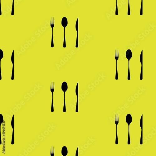 Black cutlery tool kitchenware pattern. Spoon, fork, knife, cutlery graphic on yellow background. Seamless pattern from kitchen utensil.