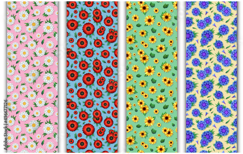 Vintage endless pattern with poppies, chamomiles, sunflowers, cornflowers on pink, yellow, green and blue backgrounds. Colorful vector flower wallpapers