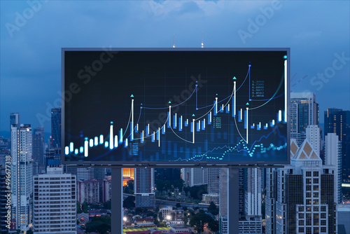 Canvas Print FOREX graph hologram on billboard, aerial night panoramic cityscape of Kuala Lumpur