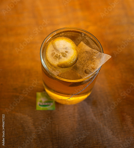 Hungary - April 3 2022: Pickwick tea with lemon on a table photo