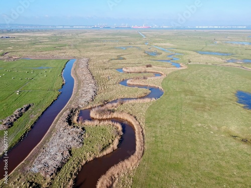 Aerial drone. Cliffe pools and Cooling Marshes looking towards the river Thames and Thamesport