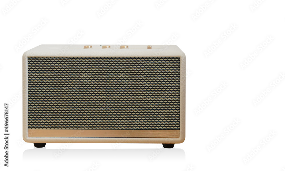 front view white and gold loudspeaker on white background, technology, object, fashion, decor, copy space front view white and gold loudspeaker on white background, technology, object, fashion, decor, copy space