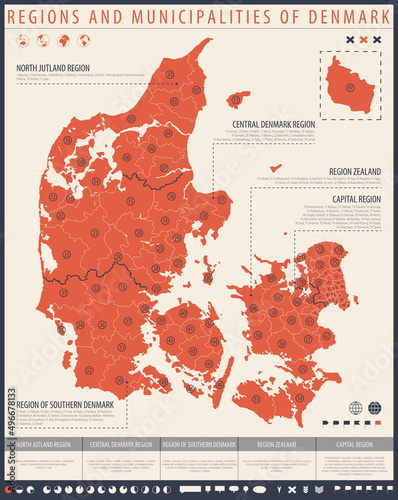 Infographic map of Denmark with administrative division into regions and municipalities