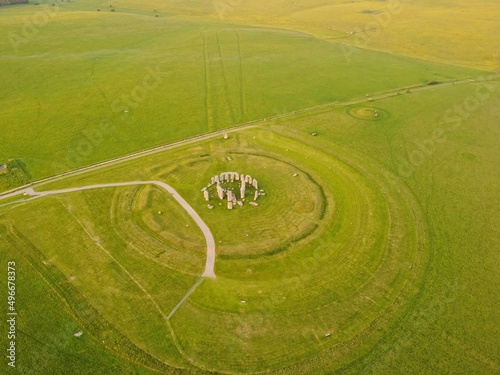 Aerial drone view of Stonehenge, Amesbury, England, ancient prehistoric stone monuments.
