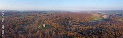 Aerial drone. Cobham wood and Mausoleum, Kent, England.