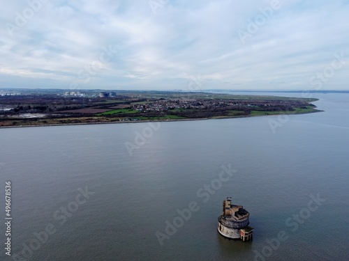 Aerial drone. Grain Tower Battery, between the Isle of Grain and Isle of Sheppey.