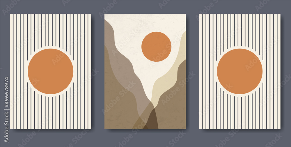 Abstract contemporary landscape posters. Modern boho background set with sun mountains and stripes