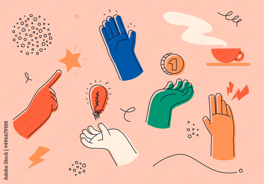 Set of colorful hands. Various gestures. Hands with a bulb, coin, star, money, etc. Hand drawn vector illustration. - obrazy, fototapety, plakaty 