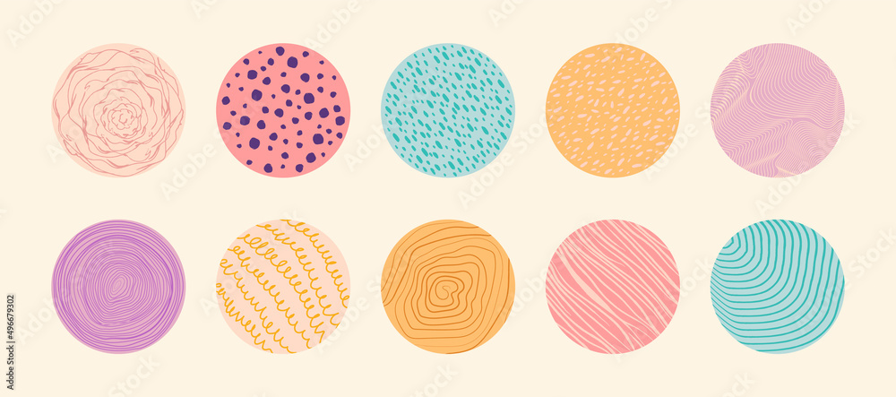 Set of round abstract patterns. Hand drawn doodle shapes. - obrazy, fototapety, plakaty 