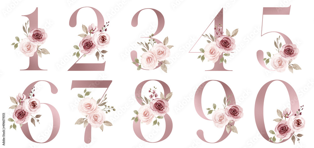 Numbers With Roses Numbers set with watercolor flowers roses hand painting. Perfectly for ...