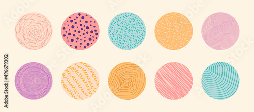 Set of round abstract patterns. Hand drawn doodle shapes.