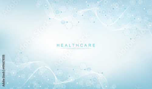 Abstract biology and pharmaceutical technology background. Health care and medical background with hexagons shapes. Flowing wave lines and hexagons. Vector illustration photo