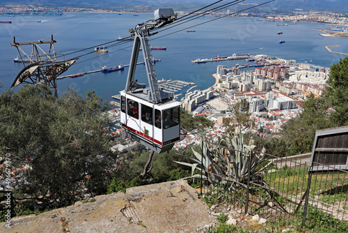 Panoramic view over Gibraltar harbour and a cable car from the top of the Rock of Gibraltar.
