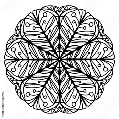 Graphic illustration of decorative ornamental mandala. Illustration of mandala for meditation coloring