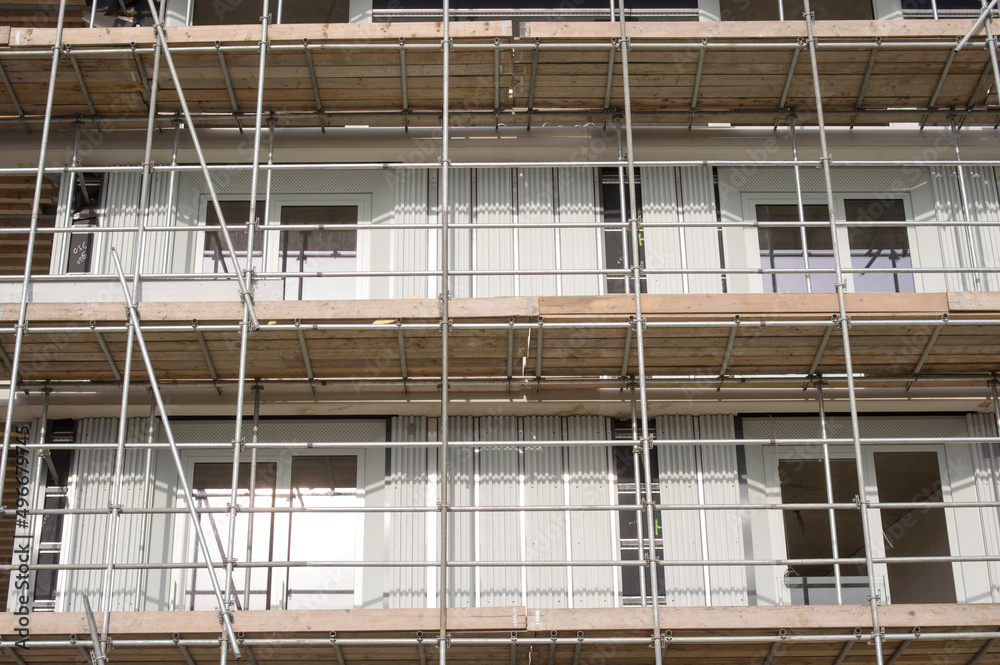 Closeup of scaffolding of a building under construction in the Netherlands