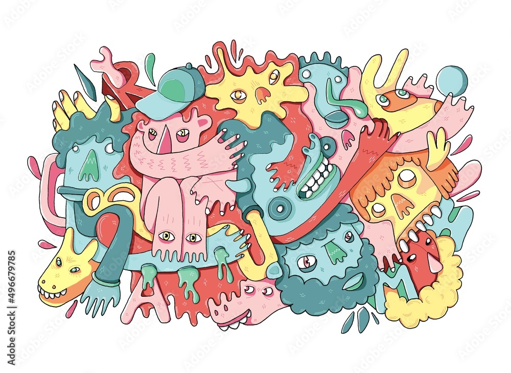 Funny colorful quirky cute design character illustration. Composition of a cheerful crowd influenced by graffiti. A childish and chocolate bazaar in pastel colors. 