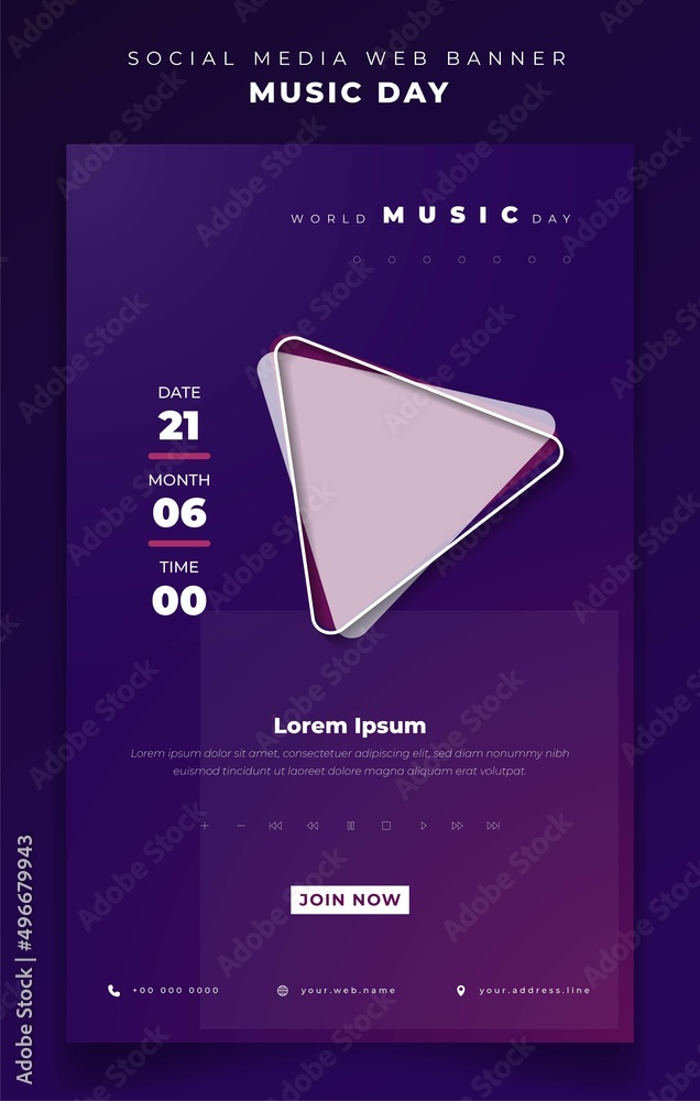Fototapeta premium Portrait banner design for World music day with stop and play icon design