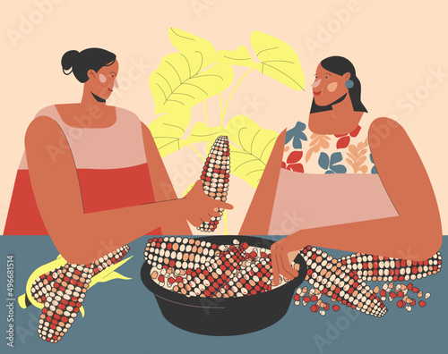 Vector illustration with indigenous women or girls character in ancient clothes. Traditional Mexican kitchen, corn photo