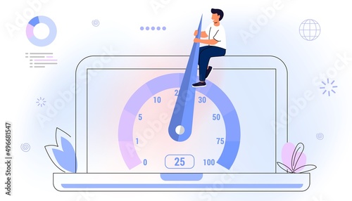 Website loading optimization Page speed and SEO Flat vector concept illustration Website speed Loading time Page optimization Speed test metering dial Slow loading of media content. Signal quality