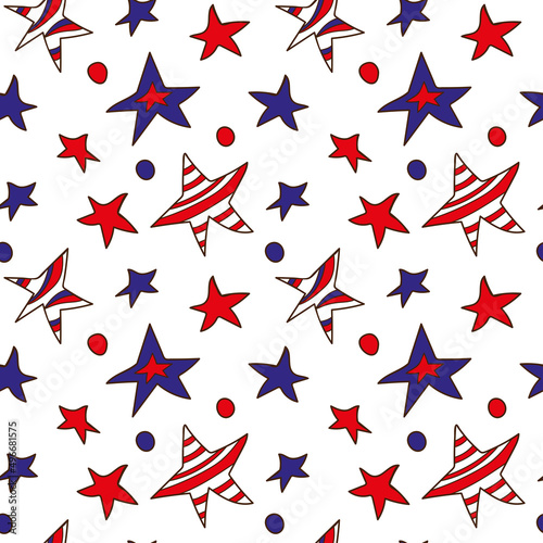 American stars. Seamless vector pattern in doodle style. USA Independence Day illustration 4th of July