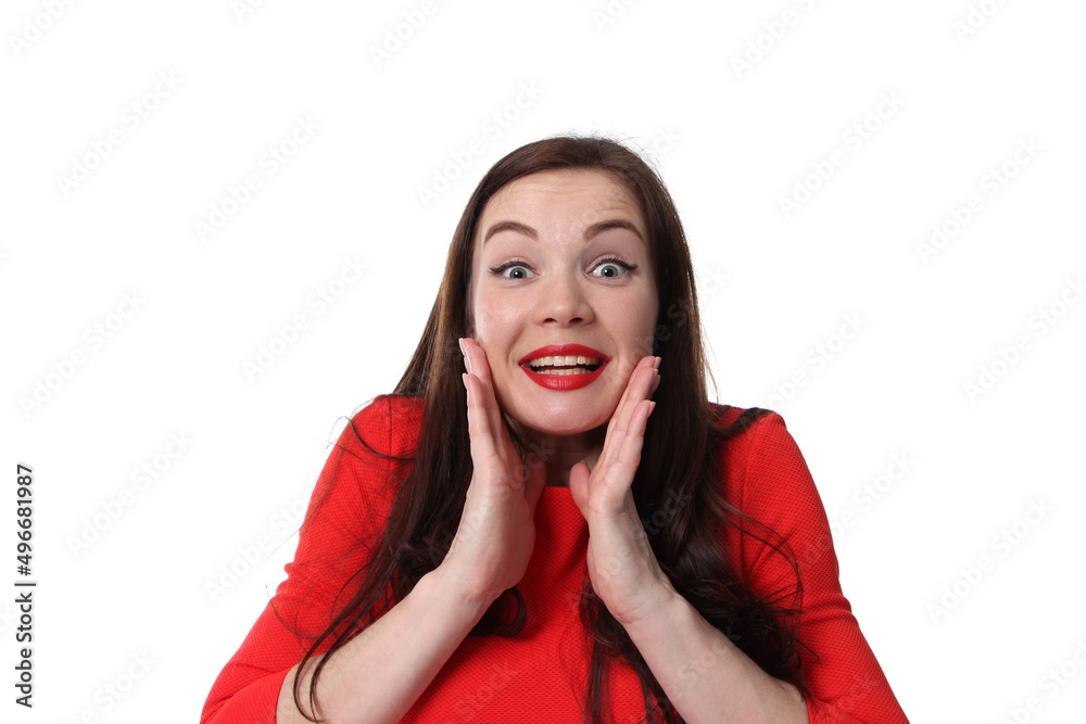 Astonished Ukrainian lady in red dress, hands to face Astonished Ukrainian lady in red dress, hands to face