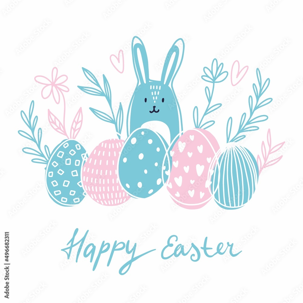 Illustration with Easter bunny and eggs Illustration with Easter bunny and eggs