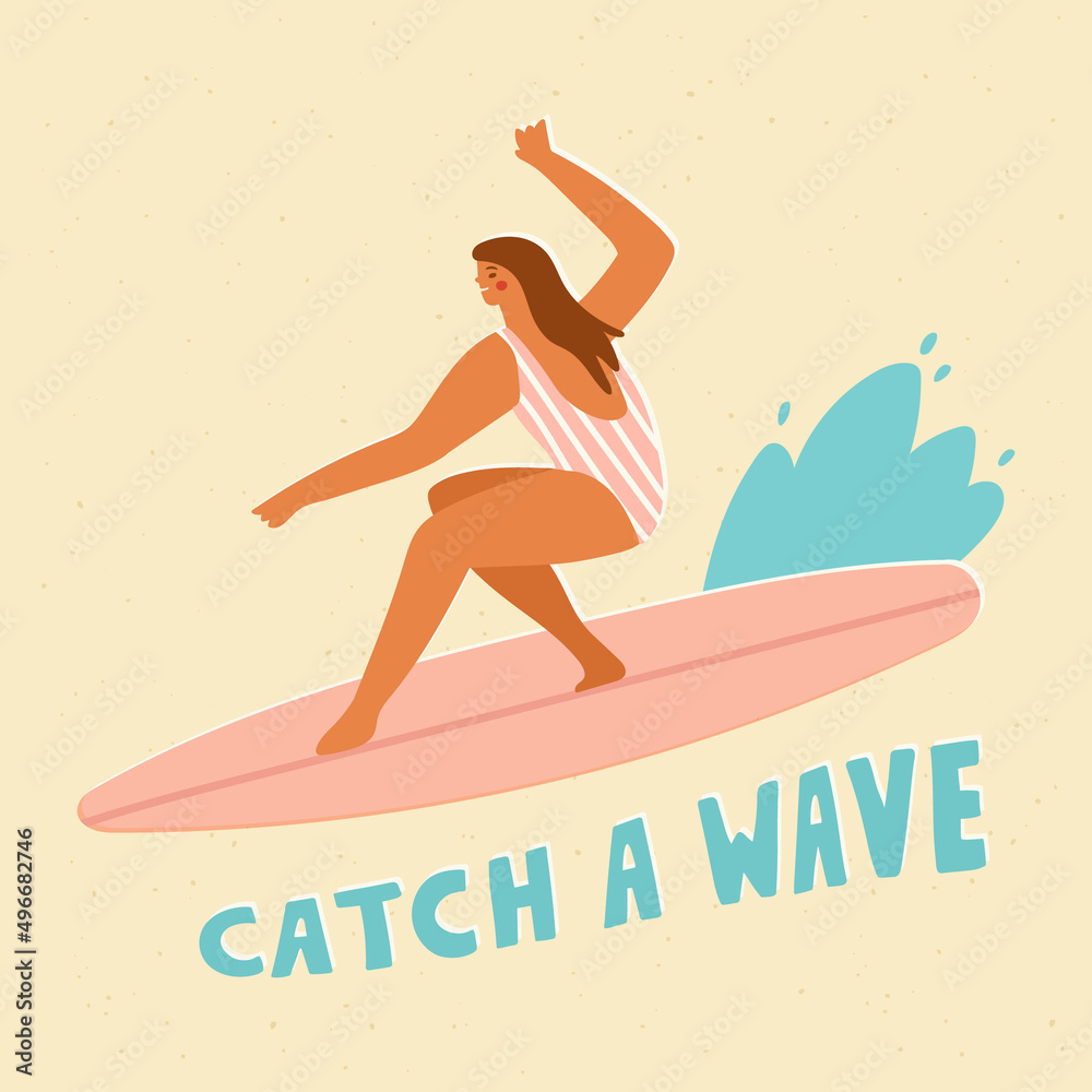 Surfer girl on a surfboard. Vector illustration of a young woman riding ...