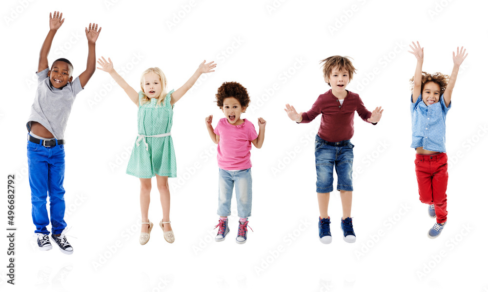 Lets take happiness to new heights. Studio shot of a group of young friends jumping for joy against a white background. Lets take happiness to new heights. Studio shot of a group of young friends jumping for joy against a white background.