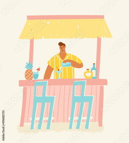 Beach bar with a barman making drinks. Vector illustration of an exotic summer vacation concept. Colorful retro style.