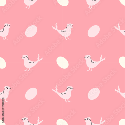 Fototapeta Naklejka Na Ścianę i Meble -  Cute seamless pattern with hens and eggs. Vector Easter texture, pink background.