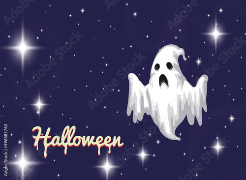 Ghost flies in the blue sky with stars, illustration for Halloween.