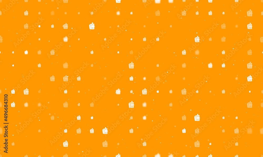 Seamless background pattern of evenly spaced white juicer symbols of different sizes and opacity. Vector illustration on orange background with stars