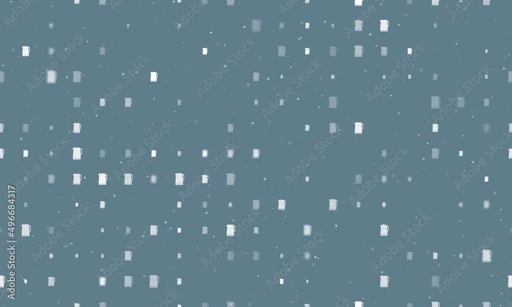 Seamless background pattern of evenly spaced white kettle symbols of different sizes and opacity. Vector illustration on blue gray background with stars Seamless background pattern of evenly spaced white kettle symbols of different sizes and opacity. Vector illustration on blue gray background with stars