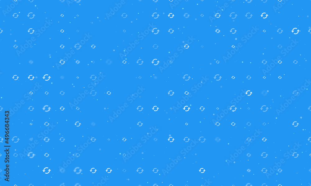 Seamless background pattern of evenly spaced white refresh symbols of different sizes and opacity. Vector illustration on blue background with stars