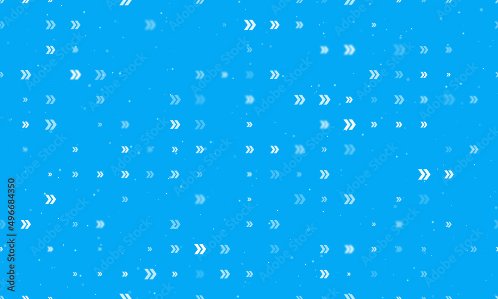 Seamless background pattern of evenly spaced white double arrow symbols of different sizes and opacity. Vector illustration on light blue background with stars