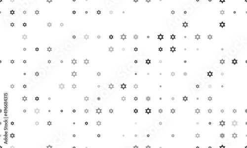 Seamless background pattern of evenly spaced black star of David symbols of different sizes and opacity. Vector illustration on white background