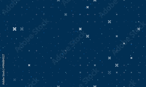 Seamless background pattern of evenly spaced white abstract star symbols of different sizes and opacity. Vector illustration on dark blue background with stars