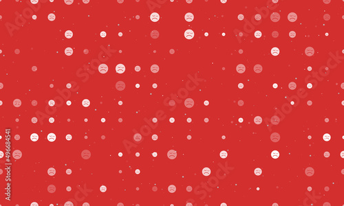 Seamless background pattern of evenly spaced white depression symbols of different sizes and opacity. Vector illustration on red background with stars