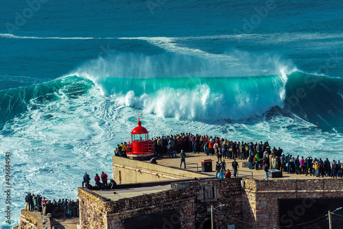 Big waves in Nazare, Portugal. Waves of the Atlantic Ocean in Portugal. Waves for surfing.