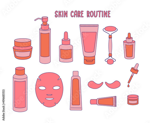 Set of nature skin care products. Cartoon drawing of face cosmetic bottles and tube. Cream, serum and toner isolated of white.