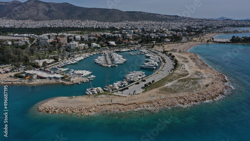 Aerial drone photo of seaside area with ports and beaches of Glifada, Athens riviera, Attica, Greece