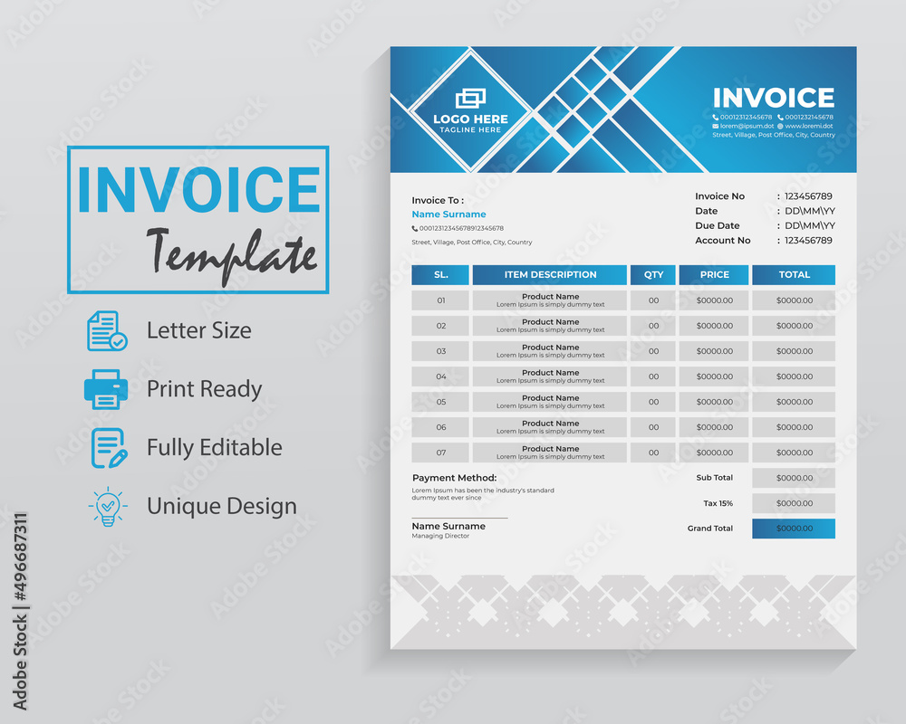 Modern Invoice Template. White background editable text invoice templates vector design table for bill form, sale receipt.