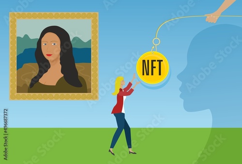 NFT, non fungible token. Woman trying to catch NFT on the hook. Vector illustration.