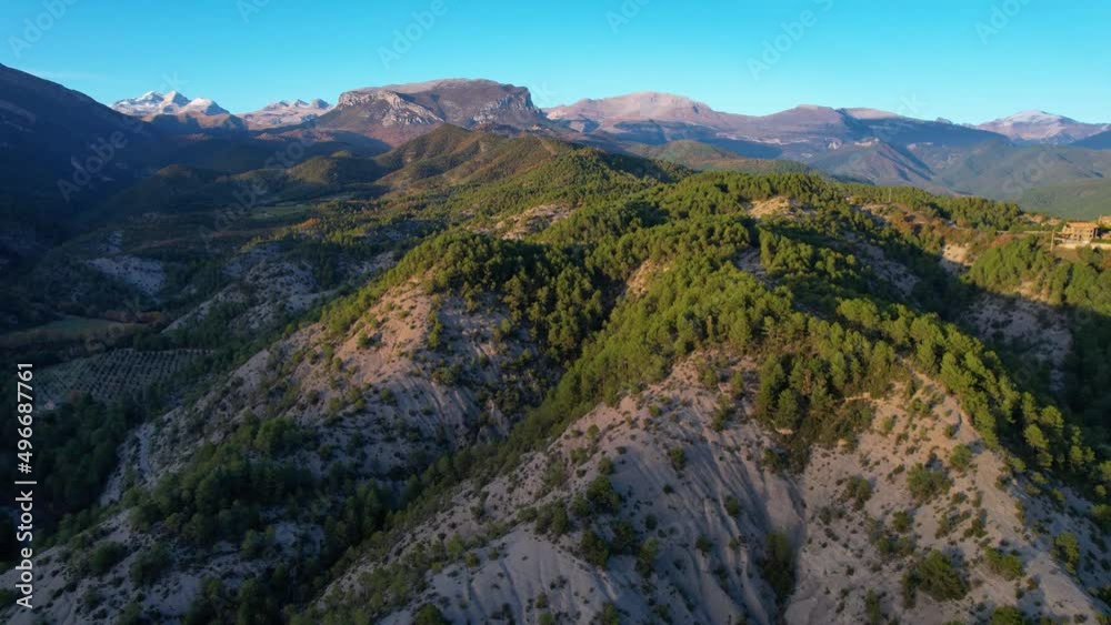 Aerial view of the landscape around Puyarruego in the municipality of Puértolas, in the central area of the Sobrarbe region. Huesca, Aragon, Spain, Europe Aerial view of the landscape around Puyarruego in the municipality of Puértolas, in the central area of the Sobrarbe region. Huesca, Aragon, Spain, Europe