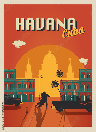 Cuba Havana retro style poster. Cuba is a country of the dance people. Old architecture city. 