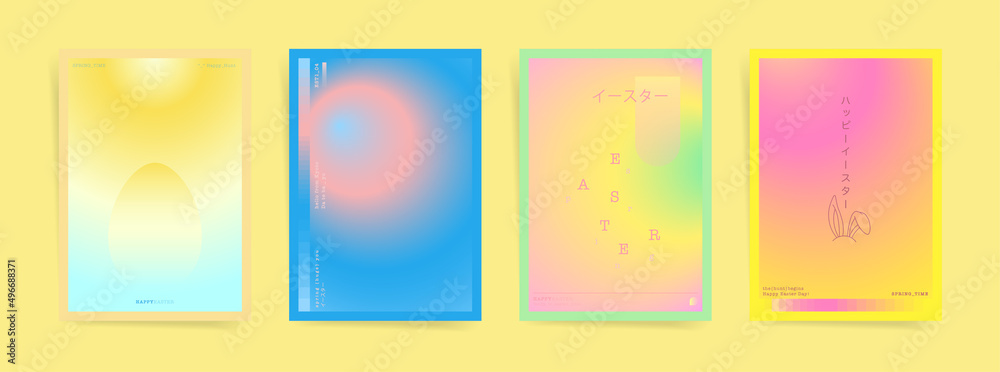 Japanese means - Easter, Happy Easter. Spring card cover or poster template design set. Modern aesthetic spring gradient graphic backgrounds. Pale pink, yellow, blue vibrant colors.
