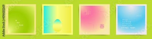 Japanese means - spring. Happy Easter square card covers or lovely post template design set. Modern aesthetic spring easter gradient graphic backgrounds. Pale green, pink, blue colors and neon eggs.