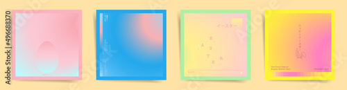 Japanese means - easter, happy easter. Spring square card covers or aesthetic post template design set. Modern social media japanese gradient graphic backgrounds. Pale pink, yellow, blue colors.
