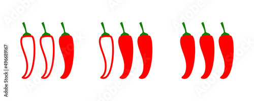 Spice level marks. Chili level meter icons set. Red hot chili pepper. Mild, spicy, hot, extra hot meter. Stock vector illustration isolated on white background.