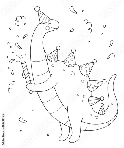 Cute dino coloring book. Happy Birthday. Vector illustration.